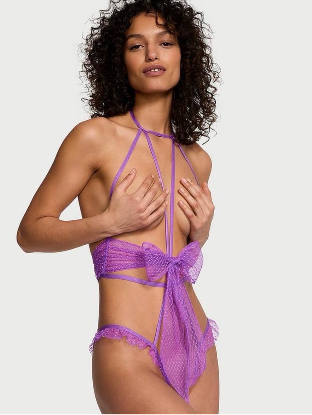 Bow Mesh Open-Cup Crotchless Playsuit